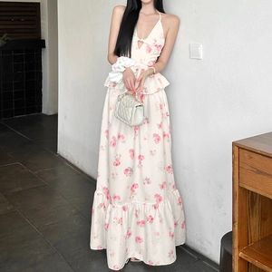 Detail of floral halter V-neck dress with bow knot and waist ruffle trim