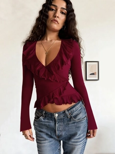 Women's Vintage V-Neck Ruffle Wrap Top Wine Red Long Sleeve Slim Fit Tie-Back Sexy Street Style T-Shirt Blouse