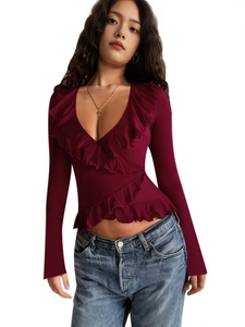 Vintage burgundy wrap top with ruffled trim and long sleeves for women