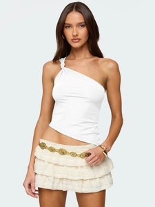 Women Sexy One Shoulder Knot Crop Top Asymmetric Sleeveless Slim Fit Ribbed Tank Top Summer Streetwear Vest