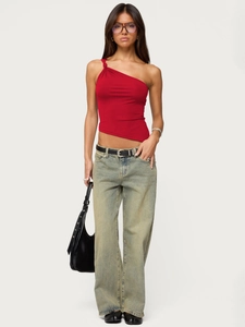 Retro red one-shoulder fitted crop top paired with vintage light wash wide-leg jeans