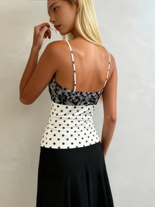 Women's French satin polka dot camisole with lace trim and backless V-neck design