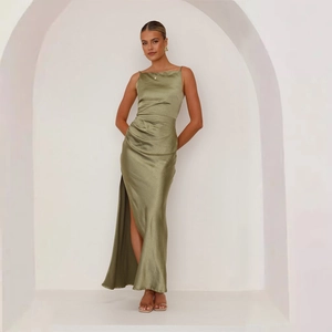 Elegant olive green satin maxi dress with spaghetti straps and high side slit detail