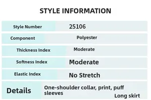 Size chart and fabric details for puffy sleeve polyester long dress style 25106