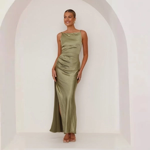 Detailed view of olive green satin maxi dress with spaghetti straps and high slit design
