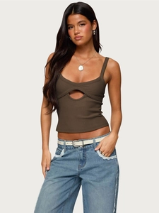 Slim fit deep brown ribbed knit tank top with oval cutout detail for women