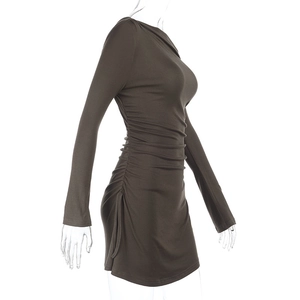 Detail of drawstring ruching on dark brown strapless mini dress with side pleats