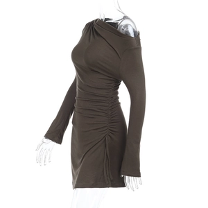 Detail of coffee brown strapless dress showing ruched side drawstring and slim fit texture