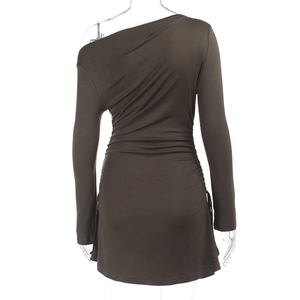 Detailed back view of olive green ruched mini dress with asymmetrical one-shoulder design