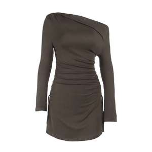 Detailed view of the ruching and side drawstring on a slim-fit strapless dress