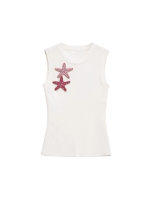 French Style Ribbed Knit Tank Top For Women Beaded Starfish Sleeveless Round Neck Summer Beach Vacation Chic Ribbed Knit Top