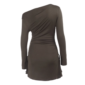 Detail of dark brown ruched bodycon dress with off-the-shoulder long sleeve design