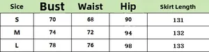 Detailed size guide table for backless slim dress showing bust and waist measurements