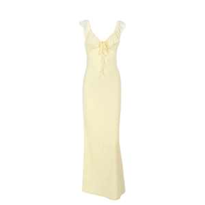 Robe longue sexy jaune clair avec col en V, volants et lacets pour les vacances d'été