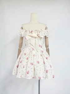 Florales schulterfreies A-Linien-Kleid mit Spitzenbesatz und großer Satinschleife