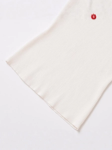 French style white ribbed knit lace-up bodice top with red embroidery detail