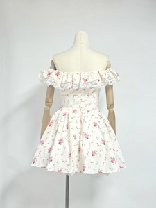 Florales A-Linien-Minikleid mit schulterfreiem Spitzen-Ausschnitt und Rosenmuster