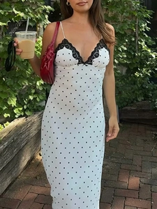 French Retro Polka Dot Maxi Dress Women Sexy Backless Spaghetti Strap V Neck Lace Trim Slim Fit Summer Long Dress
