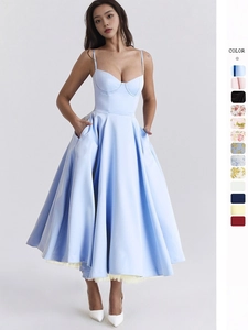 Abito Midi da Donna Vintage Francese con Spalline Sottili e Bustino Elegante Stampa Floreale a Linea ad A in Raso con Tasche