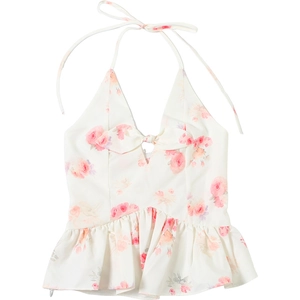Detail of floral halter top featuring pink rose print and adjustable bow tie neckline