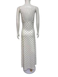 French style white backless maxi dress with black polka dots and spaghetti straps