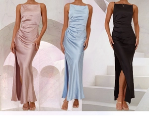 Close-up of satin dresses featuring side ruching, high slits, and delicate spaghetti straps