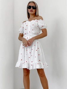 White off-shoulder A-line mini dress with red heart print and puff sleeves