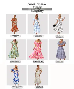 Detailed color display of various off-shoulder summer dresses with multiple floral patterns
