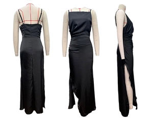 Three-way view of a black satin slip dress with side slit and pleated detailing