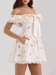 Off-Shoulder Blumen Spitze Minikleid Mit Satin Schleife Schlanke A-Linie Süßes Pastorales Rückenfreies Partykleid Damen