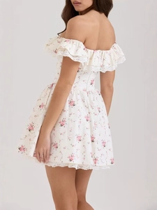 A-Linien-Kleid mit Blumenmuster, Perlenbogen und weißem Spitzenbesatz in Naturweiß