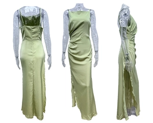 Detailed three-view of light green satin slip dress with side pleats and high slit