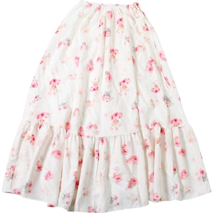 Detailed view of white floral A-line skirt with pink flower print and layered ruffled hemline