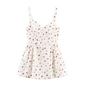 Robe Mini Sexy pour Femmes Imprimé Floral Rose Col en V Sans Manches Polyester Ligne A Plissée Robe d'Été pour Vacances