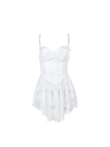 White lace corset mini dress with ribbon straps and layered ruffled skirt detail