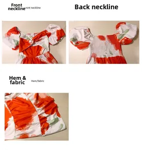 Detail view of floral print dress showing front twist neckline and back smocked texture