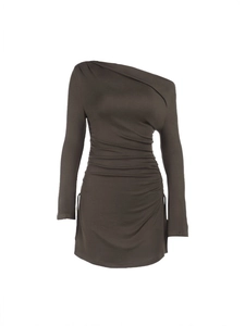 Slim fit off-shoulder long sleeve dress in deep coffee color with side ruched details