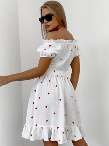 White off-shoulder summer dress with red heart pattern and slim fit A-line silhouette