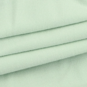 Close-up of mint green ribbed knit fabric showing soft texture and vertical stripe detail