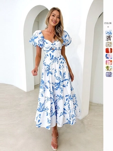 Women Summer Off Shoulder Floral Maxi Dress Puff Sleeve Cutout Tiered Cake A-Line Dress Vacation Party Elegant Bohemian Vestidos