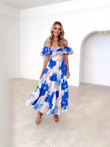 Off-shoulder floral long dress with puff sleeves and waist hollow-out details