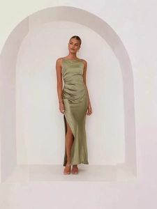Elegant sage green satin strapless dress with pearl bow and slim fit silhouette