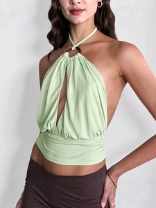 Women Sexy Halter O-Ring Cutout Tank Top Ruched Slim Fit Backless Sleeveless Solid Color Summer Fashion Streetwear Top