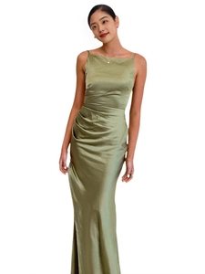 Olive green satin tube dress with strapless draped detail and elegant slim fit cut