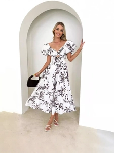 Elegant white tube top A-line dress with black floral print and retro puff sleeves for women