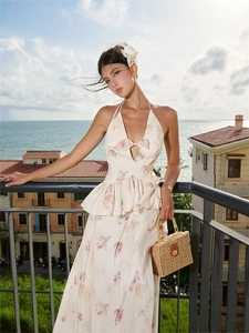 Floral tube top and maxi skirt set with bow detail and open back for summer vacations