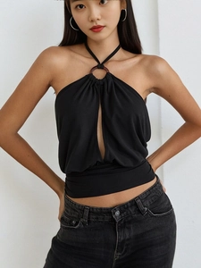 Women's black halter camisole with metal ring ornament and front hollow out detail
