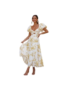 Floral puff sleeve tiered midi dress with sweetheart neck and cutout detail on white