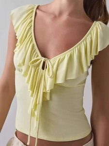 Top da Donna Sexy con Scollo a V e Volant Senza Maniche Tinta Unita Allacciato Slim Fit Maglia Canotta Casual Festa Moda