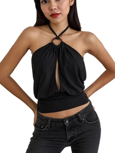 Women's black halter top with O-ring detail and cutout design in a slim fit style